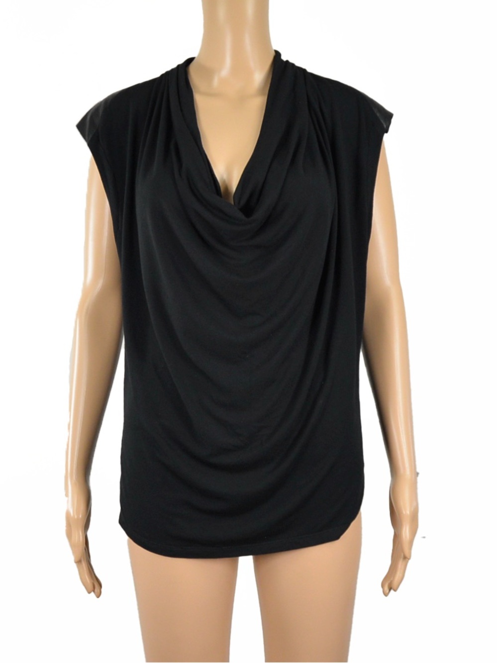 Vintage Greta Constantine x Danier Black Leather Shoulder Drape Cowl Neck Top - Picture 2 of 5